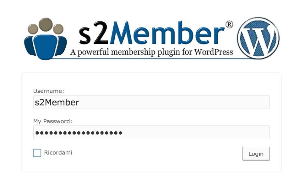 schermata di login di WordPress con s2Member